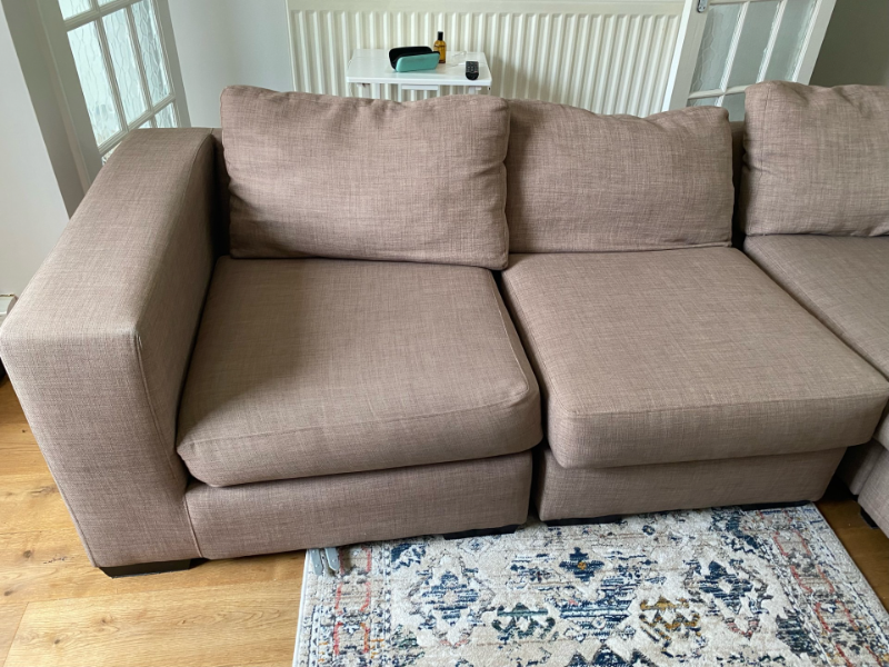 L-Shaped Corner Sofa No cash offers. L-Shaped Corner Sofa, in good condition.(fire labels attached) 2.5m x 1m, Chaise lounge length 2m. Light brown colour with dark wood feet. 1 Small stain on side of chaise lounge cushion. For collection only SM2 - removed for £0